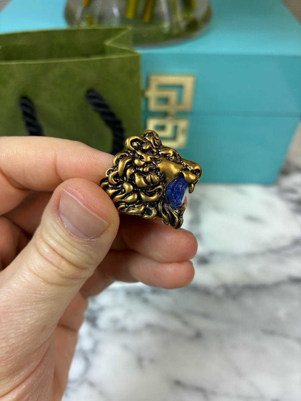 Gucci Lion Head Ring w/ Blue Stone Brand New Authentic - IT Size 16 = 7.75 US - Picture 2 of 9